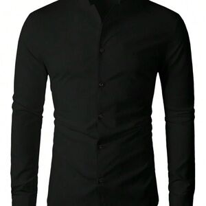 Men’s pocket solid black Long sleeve stand collar shirt